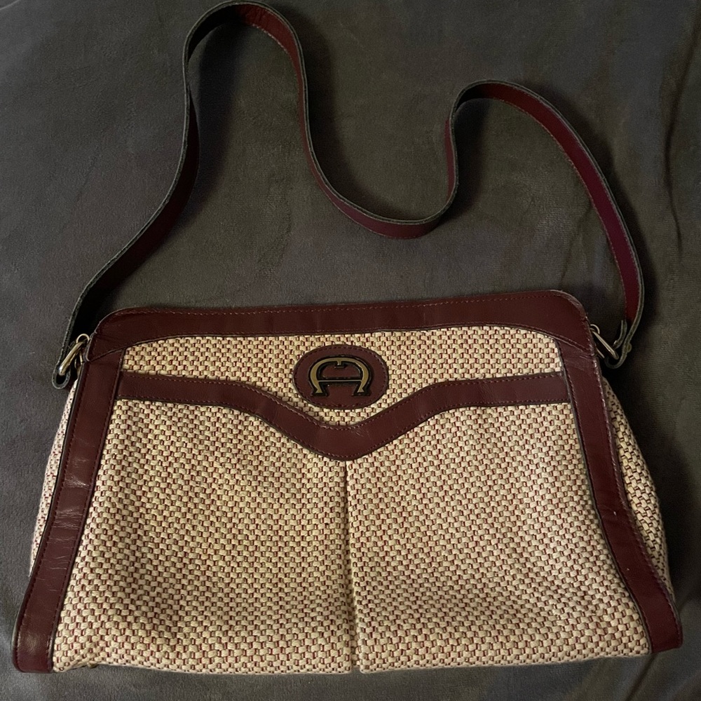 Vintage Etienne Aigner Tan and Burgundy Shoulder Bag Purse